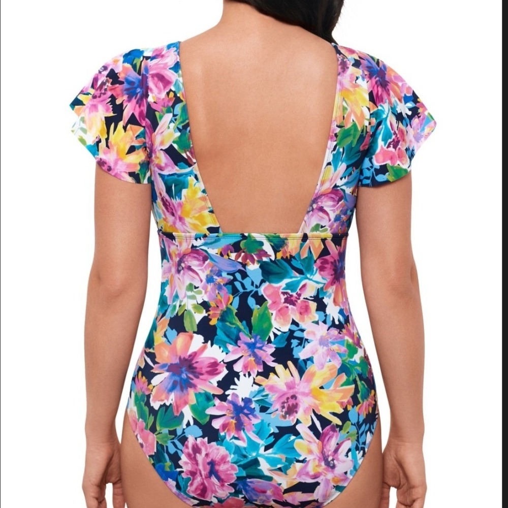 Swim Solutions Flutter Sleeve One Piece Swimsuit Size 14 Navy Floral - Picture 2 of 10